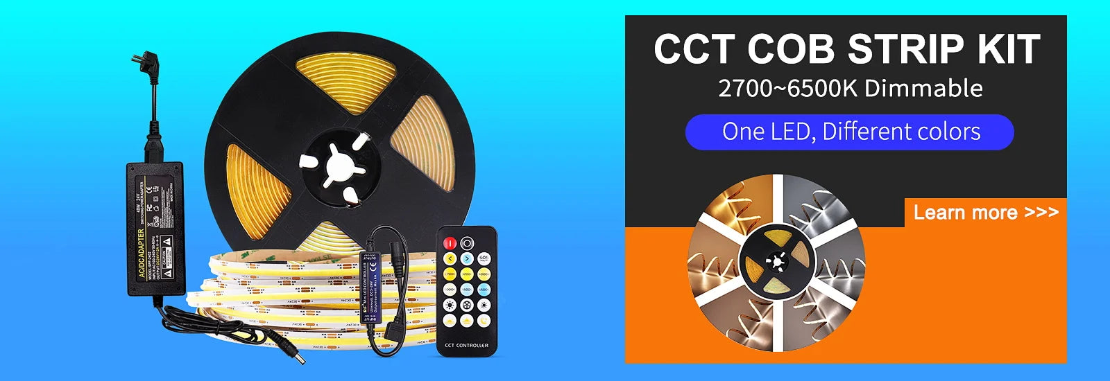 Adjustable color temperature and dimming LED strip kit with CCT range of 2700-6500K.