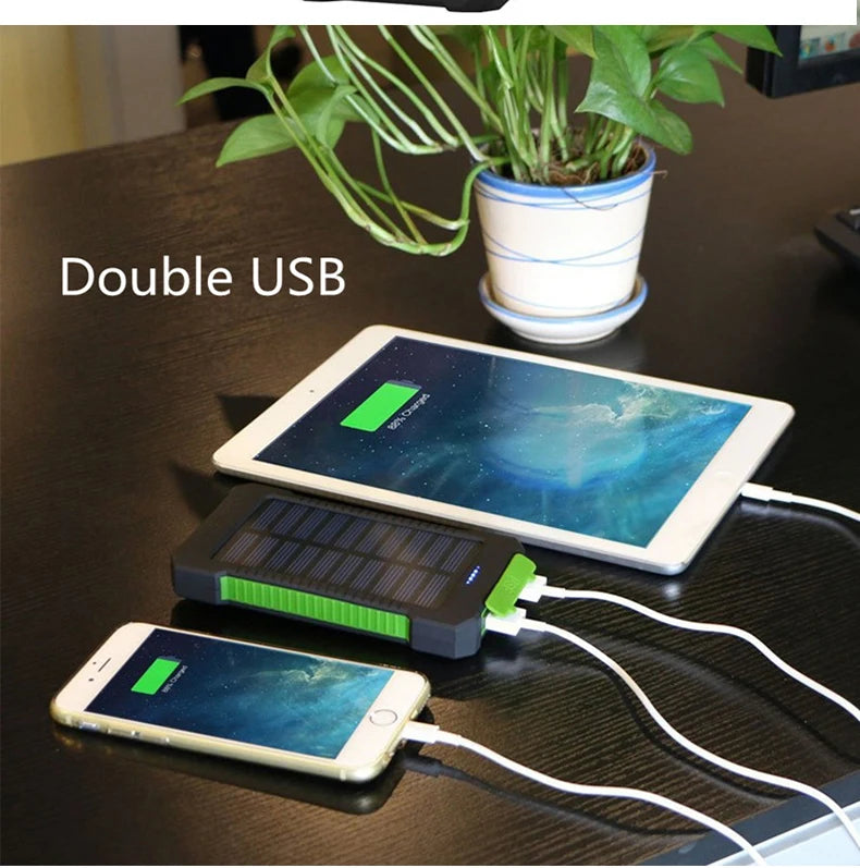 Portable Power Bank with Quick Charge, USB output, and flashlight, compatible with various smartphones.