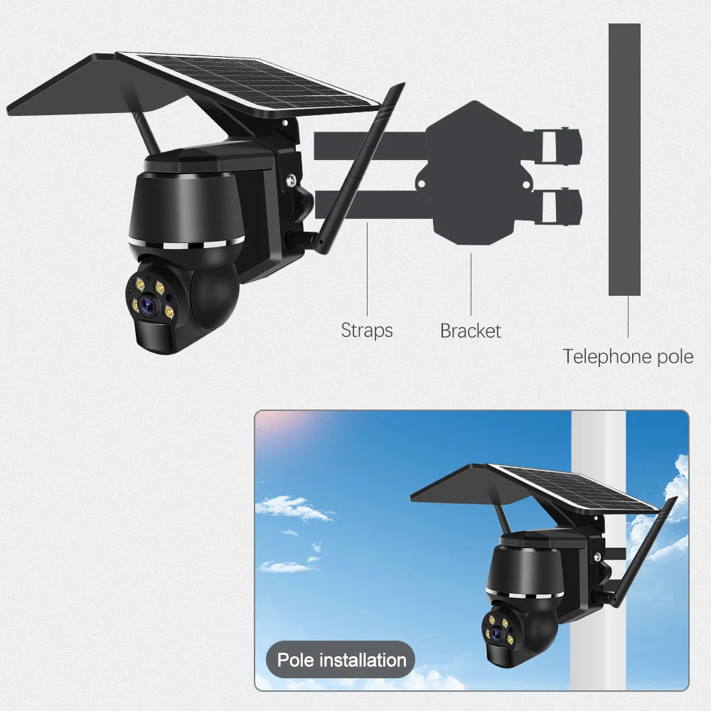4G 5MP Outdoor Solar Panel Camara, Install on telephone poles or brackets using straps for secure outdoor mounting.