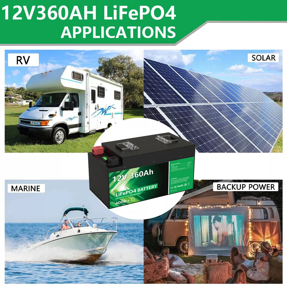 12V 360Ah 280AH LiFePO4 Battery, Reliable backup power for RV, solar, and marine use with 12V, 360Ah LiFePO4 battery pack and built-in smart management system.
