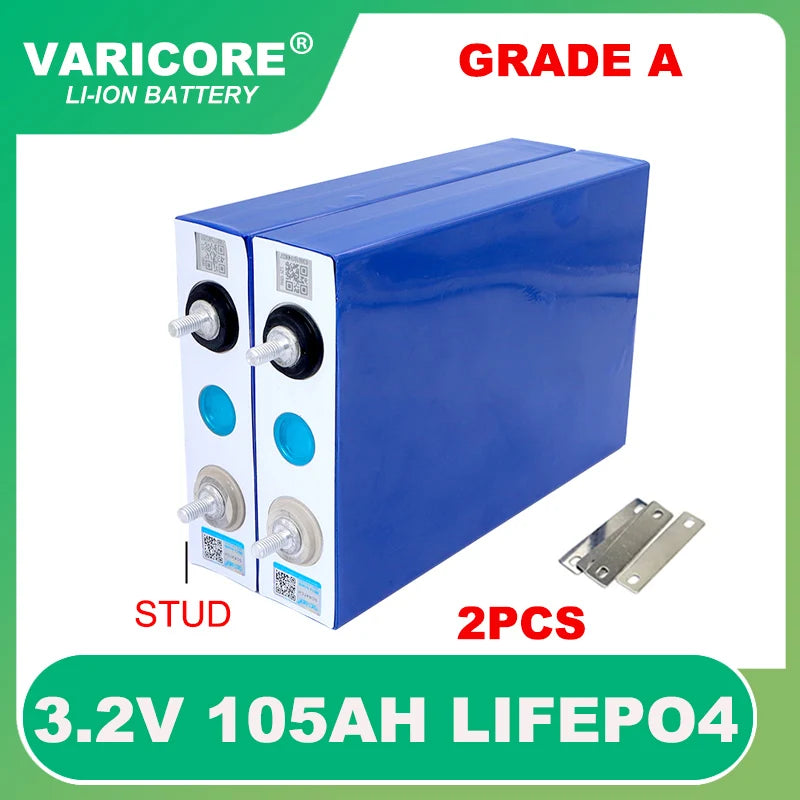 3.2V 105Ah LiFePO4 battery, Grade A lithium-ion battery pack with 2 pieces, 3.2V, 105Ah capacity for DIY projects.