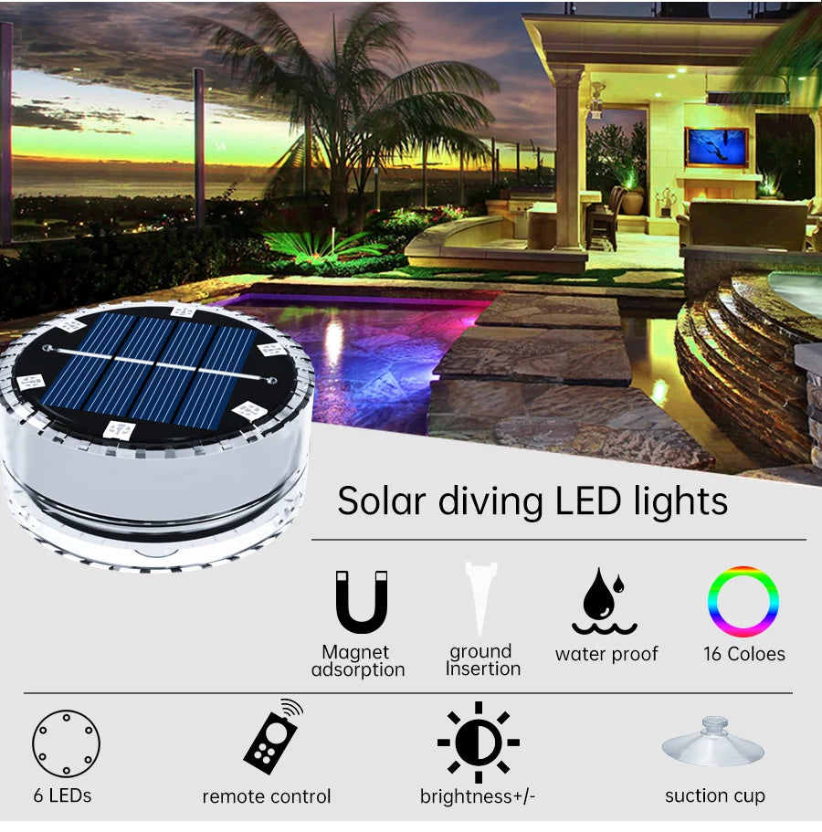 Solar LED Pool Light, Waterproof solar-powered LED light with color-changing feature and remote control.