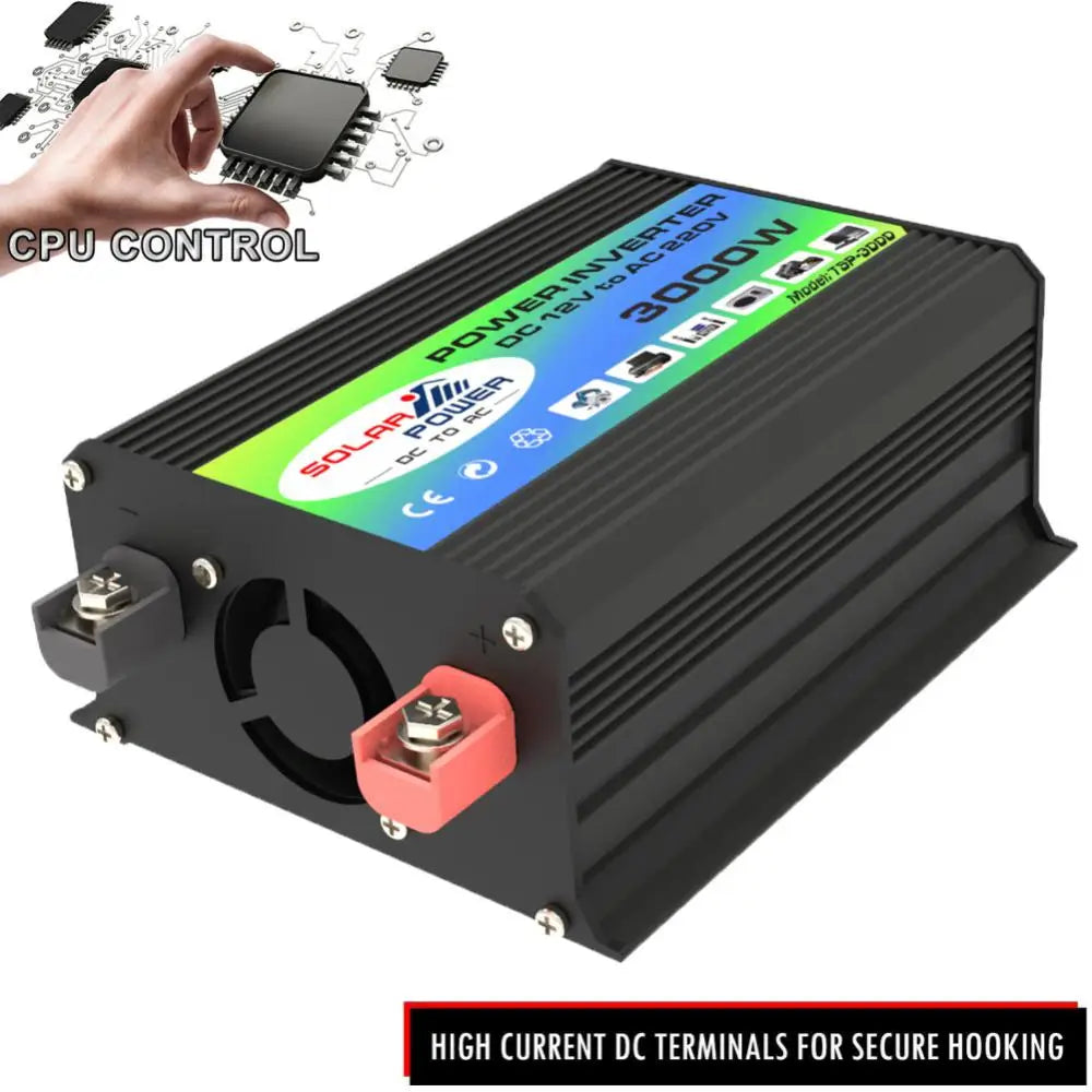 XIAOMI 3000W Peak Solar Car Power Inverter, High-current DC terminals with 12V solar panel and 220V AC output compatibility, featuring USB charging ports and LCD display.