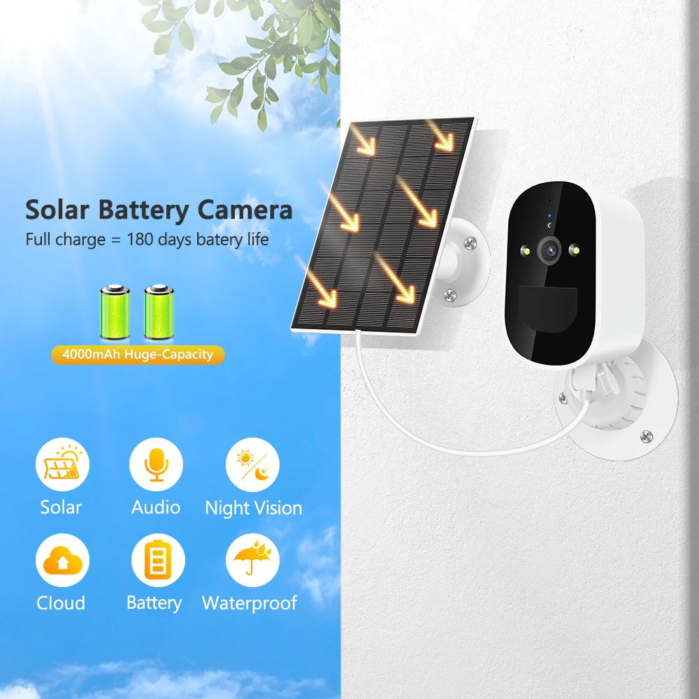 TD3 - Wireless Solar Wifi Camera, Rechargeable battery, solar panel, and rugged design provide up to 180 days of power, night vision, and water resistance.