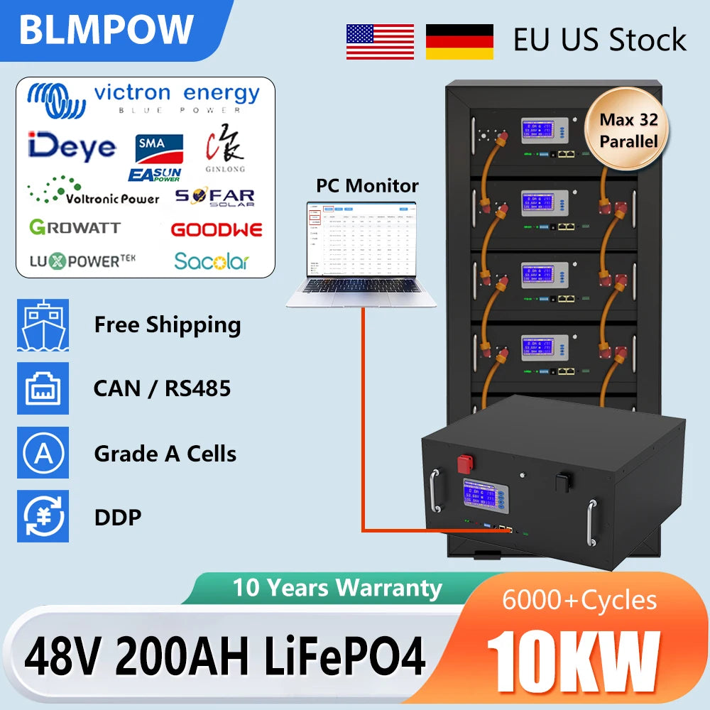 48V 200Ah LiFePO4 Battery, High-quality LiFePO4 battery pack with CAN/RS485 comms and long-term reliability.
