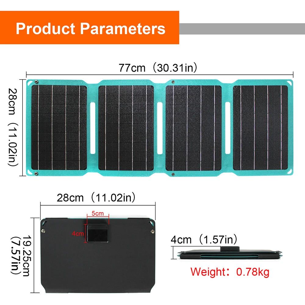 Upgraded 28W 21W 14W Portable Solar Panel, Compact, foldable lantern with dimensions 77cm x 28cm, weighing 0.78kg.