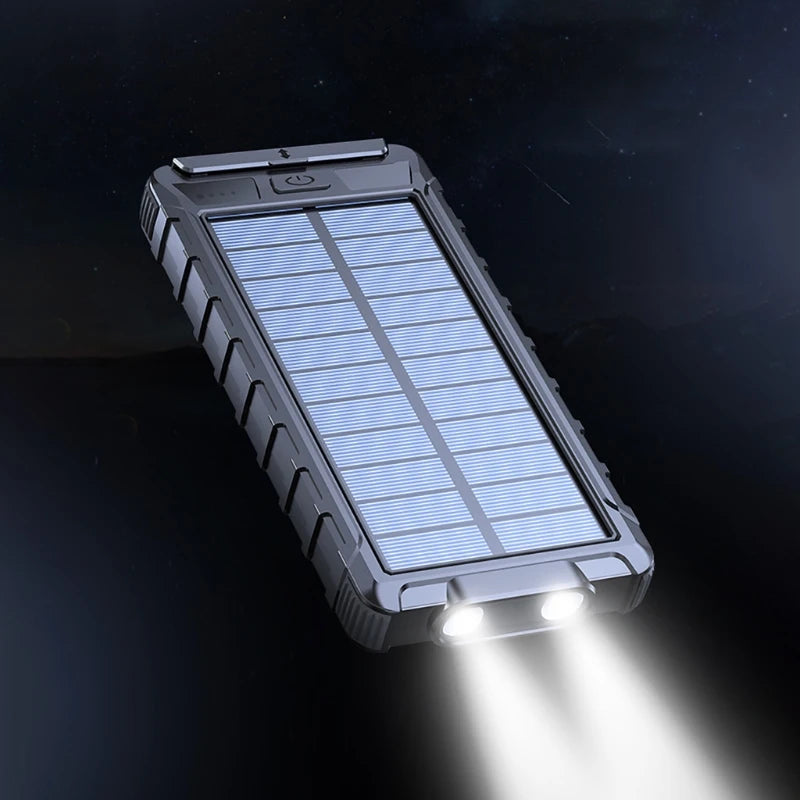 High-capacity portable charger with solar power, waterproof, and flashlight for multiple devices including Xiaomi and iPhone.