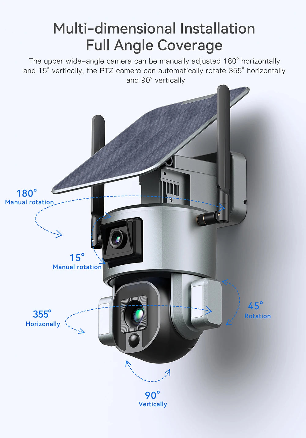 PEGATAH 8MP 4G Wireless Solar Camera, Panoramic camera with adjustable wide-angle lens for 180° horizontal and 15° vertical views.