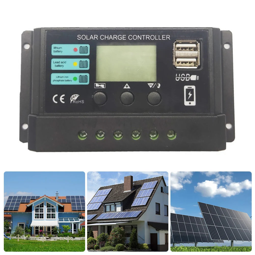 Solar charge controller for lithium, iron phosphate, and lead-acid batteries with dual USB ports.