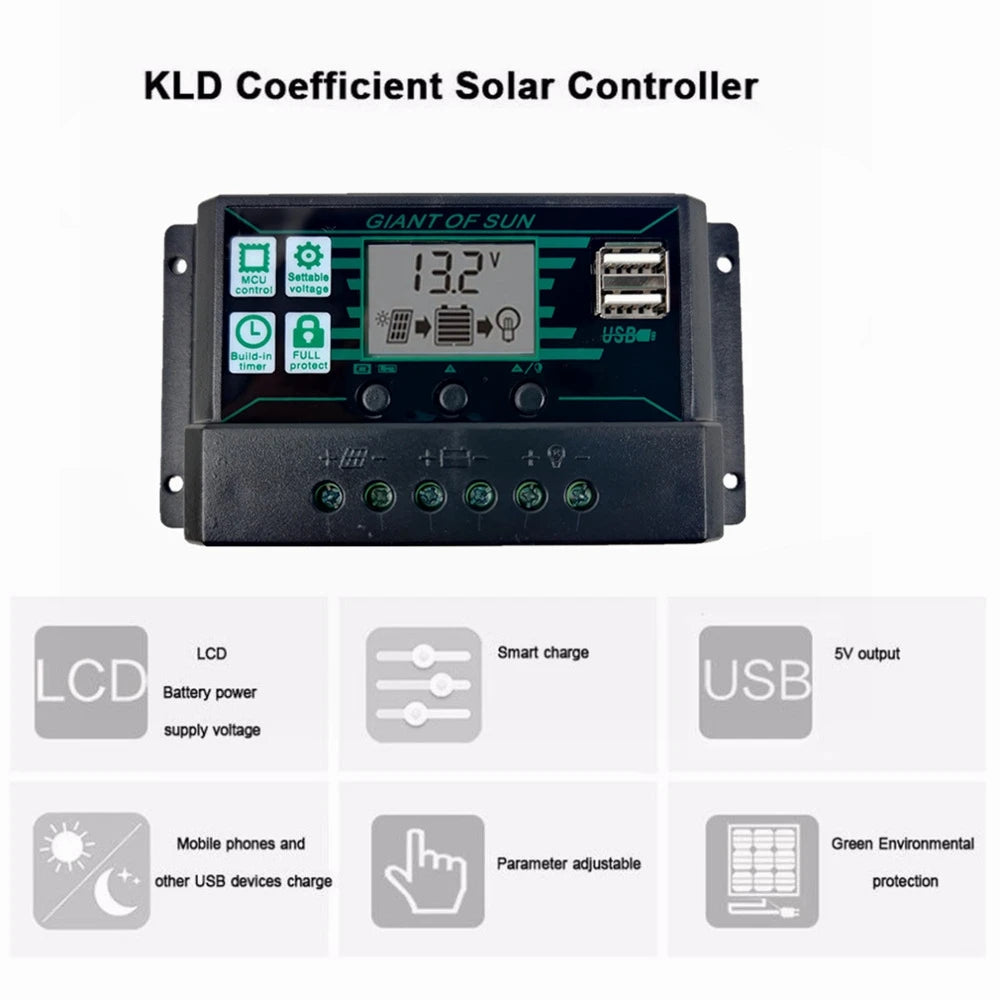 MPPT solar charge controller with LCD display, USB ports, and adjustable settings for smart charging and overcharge protection.