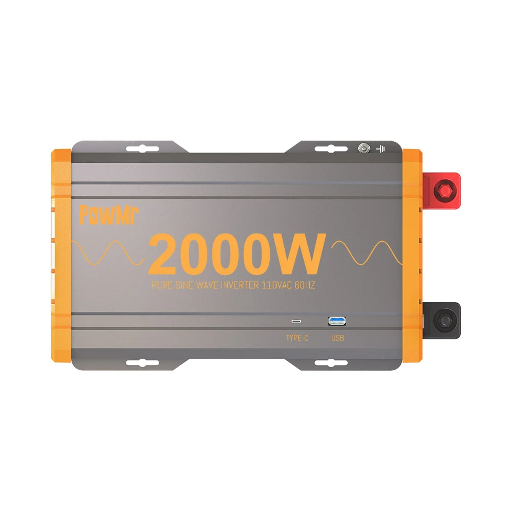 1200W 2000W Pure Sine Wave Solar Inverter, Powerful pure sine wave inverter with USB and Type-C ports, outputs 110VAC at 60Hz.