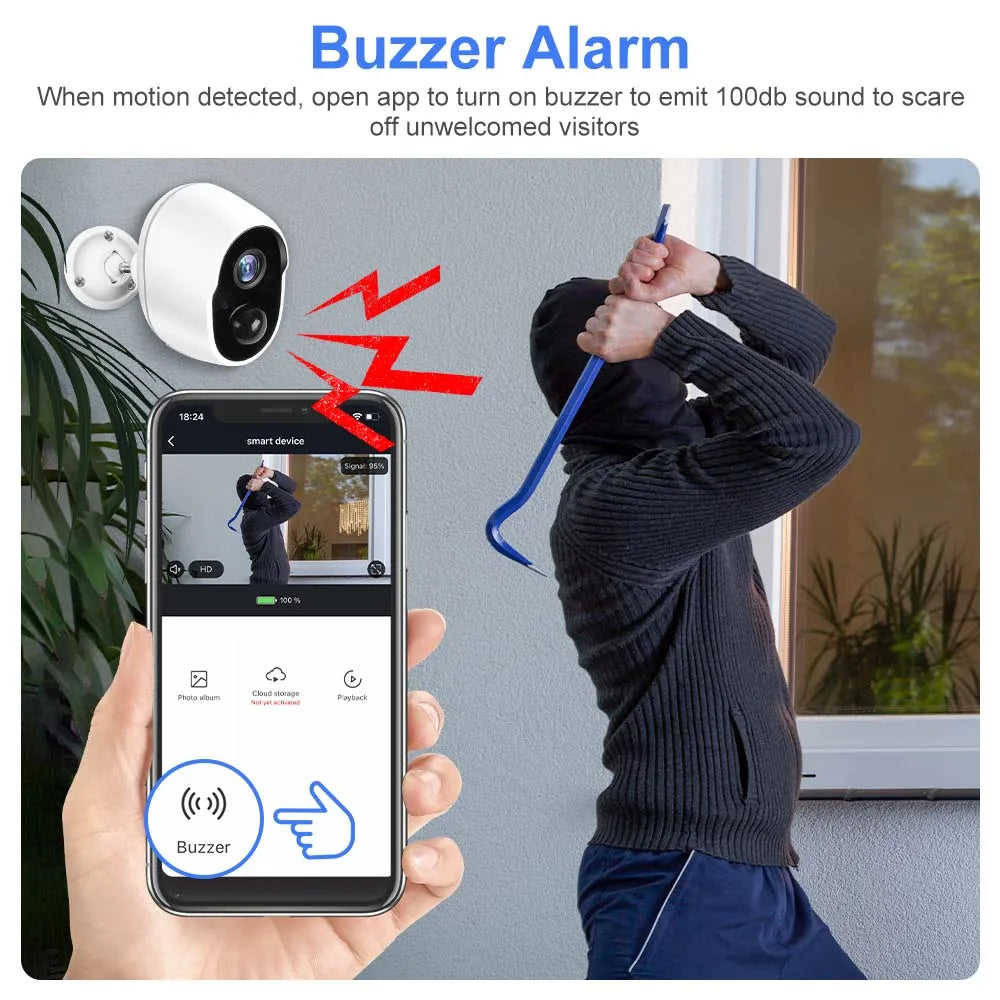 Motion detection and alarm system for unwanted visitors, emits 100db sound on activation.