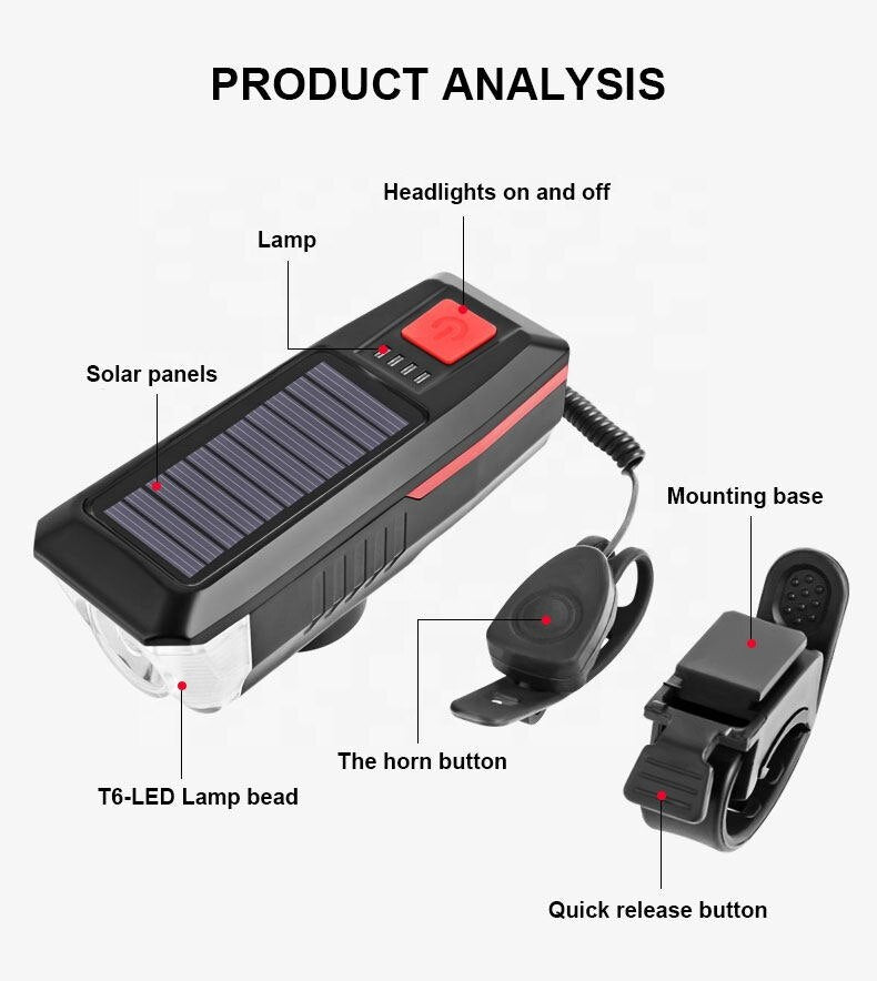 LY-17 Solar-Fahrradlicht – über USB wiederaufladbare Power-Anzeige, MTB, Mountainbike, Rennrad, Vorderlampe mit Hupe, Taschenlampe, Fahrradlicht