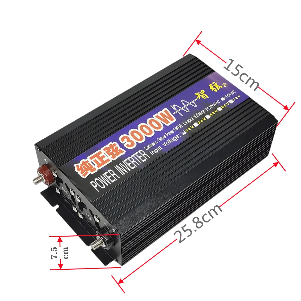 Pure sine wave inverter with adjustable power levels for DC inputs to AC outputs.