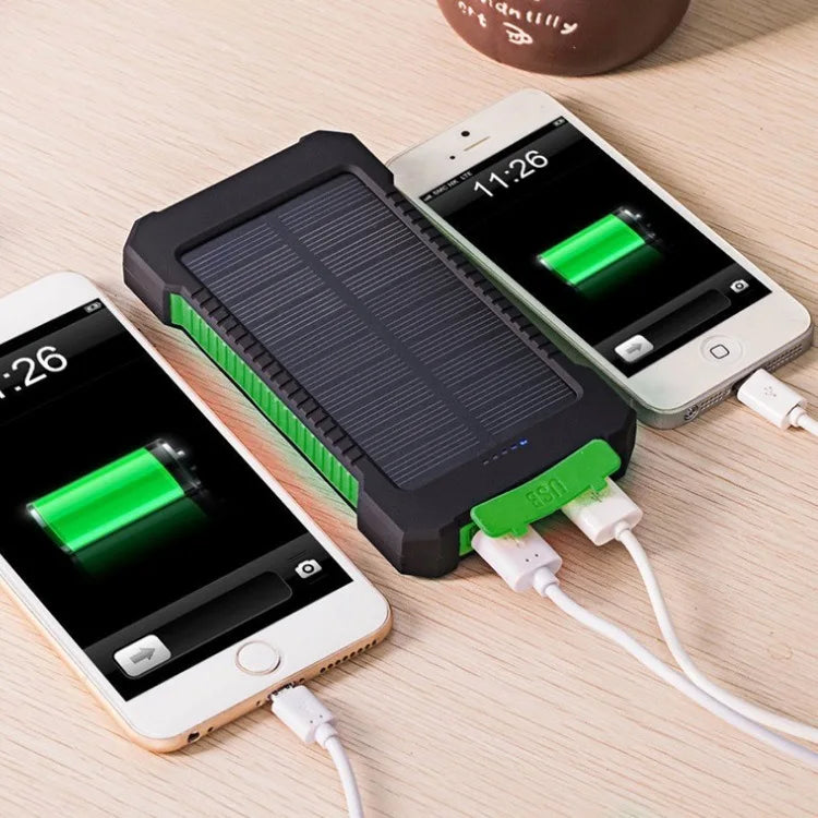 Waterproof power bank with solar panel, wireless charging, and high capacity for outdoor adventures.