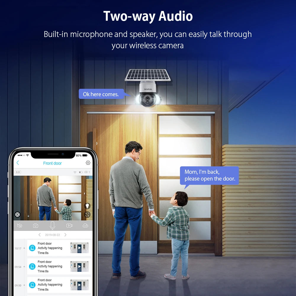 SHIWOJIA ST-518 Solar Camera, Two-way audio enables real-time conversation with built-in mic and speaker.