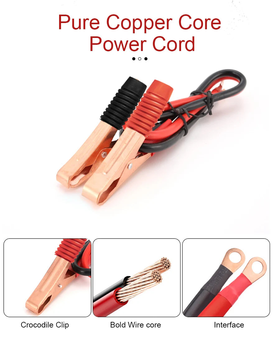 Pure Sine Wave Inverter, Copper core power cord with crocodile clip and bold wires for efficient energy transfer.