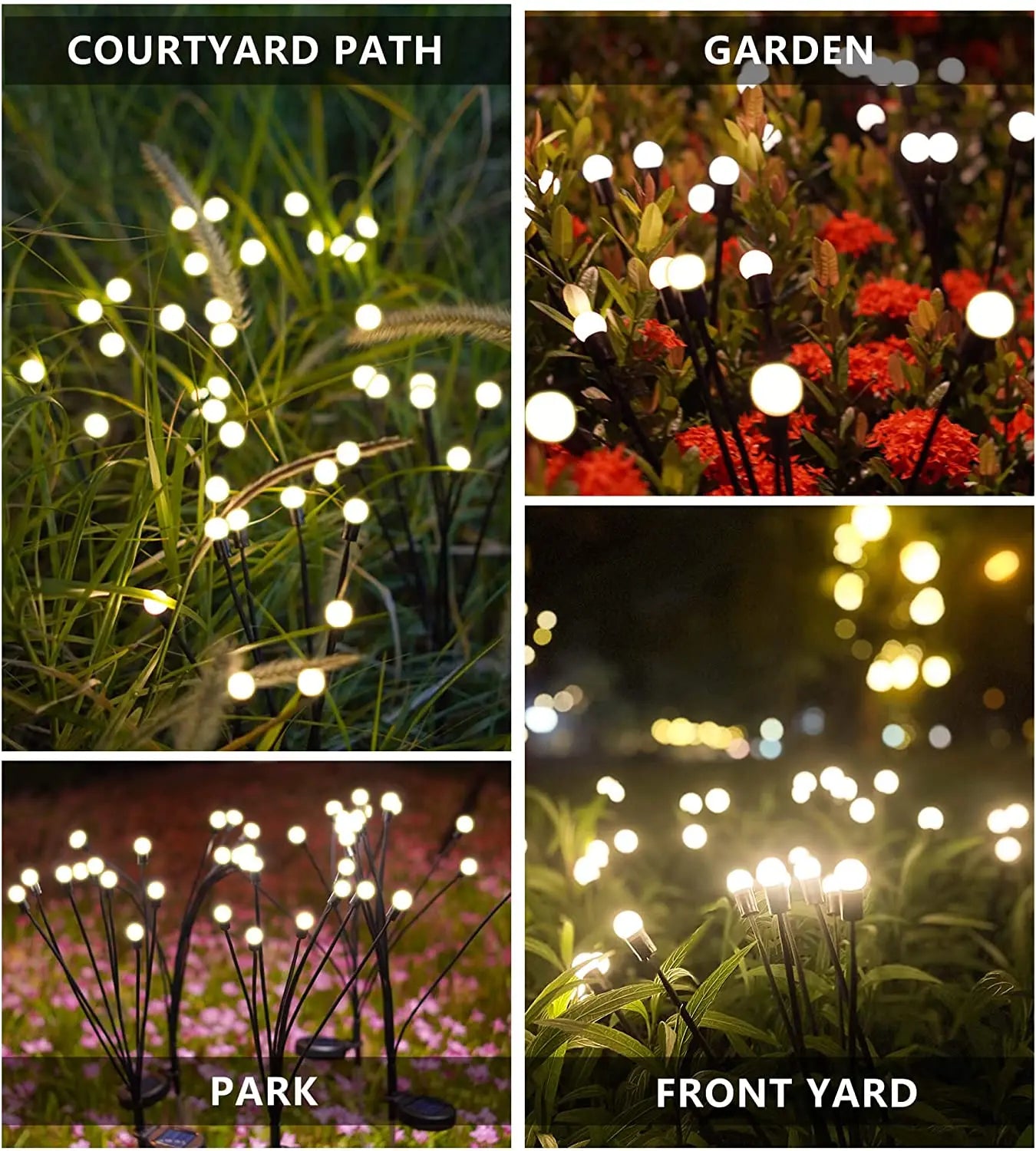 8Pack Solar Firefly Light, Solar-powered lights add ambiance to outdoor spaces like courtyards, paths, and gardens.
