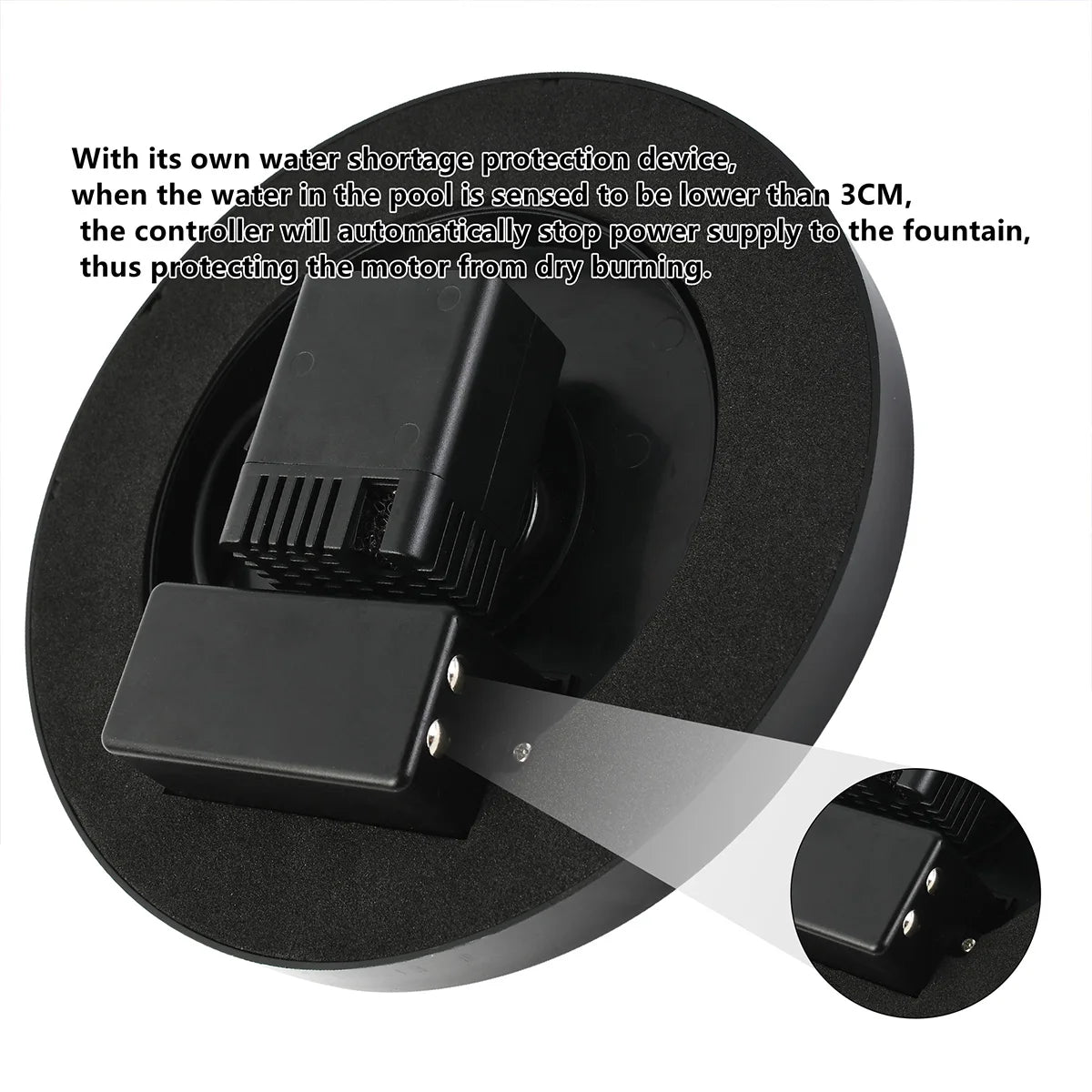 16cm Round Solar Fountain, Automatic shut-off for solar-powered fountain pump when water level drops below 3cm.