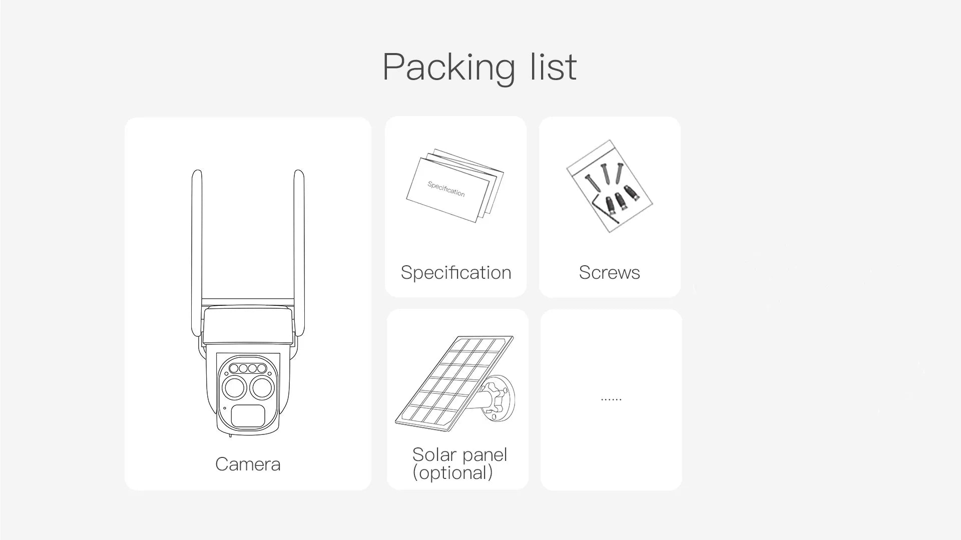 PEGATAH TI-D1W5 8MP Wireless Solar Camera, Package includes camera, solar panel (optional), screws, and specification sheet.