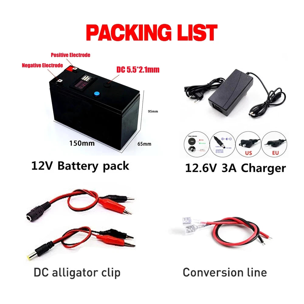 12V Battery, Portable power pack with battery cells, charger, and accessories in compact 95x150x65mm design.