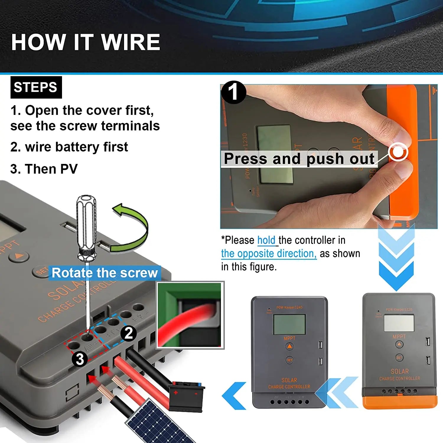 PowMr MPPT Solar Panel Charger Controller, Wire product with easy steps: open cover, locate screw terminals, connect battery and PV input.