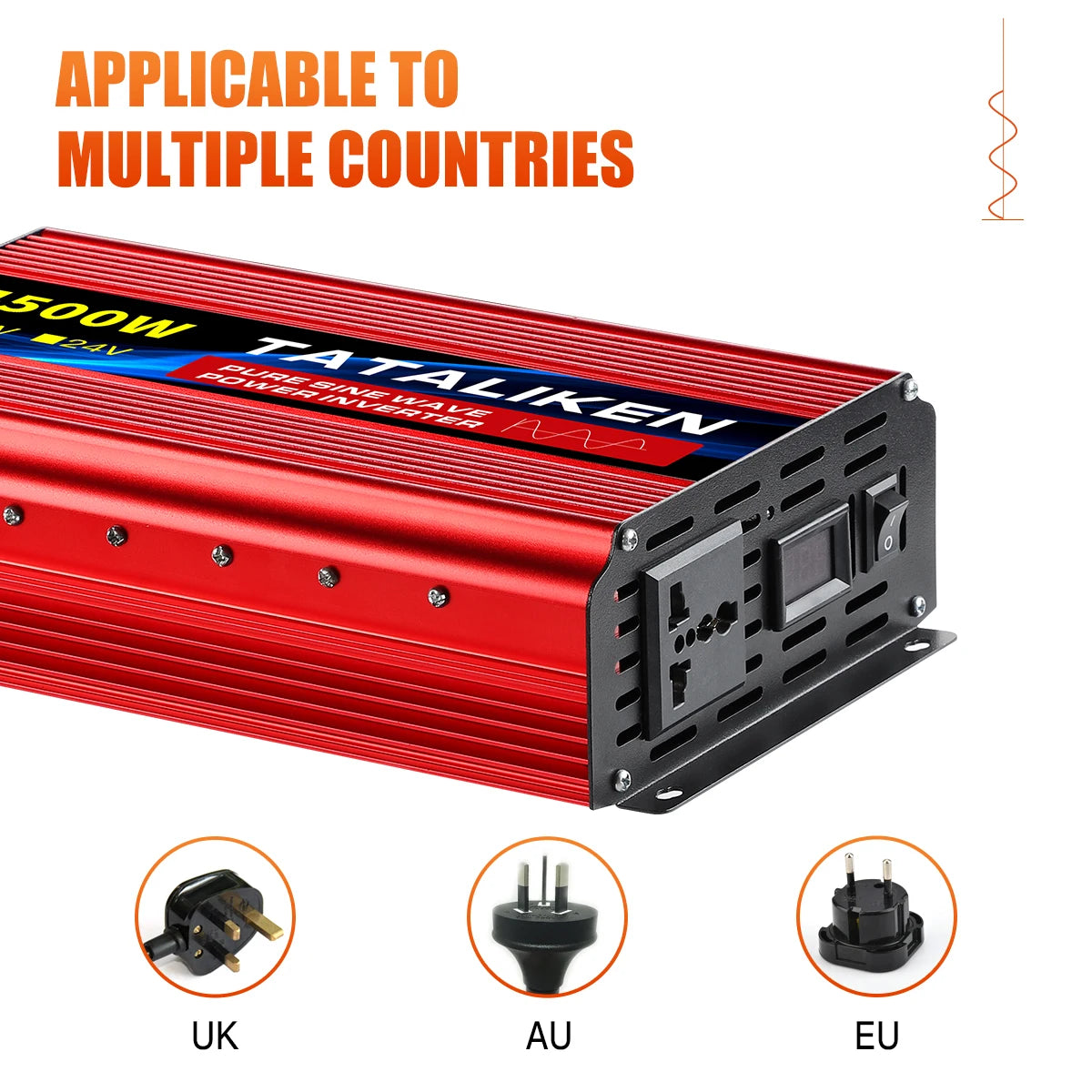 Pure sine wave inverter converts DC power to AC with 2500-5000W output and 12V or 24V input.