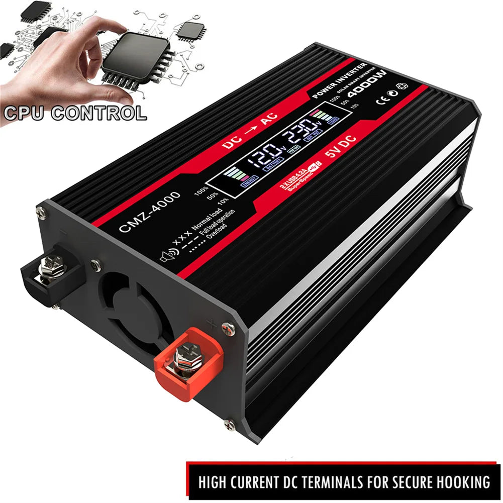 4000W Pure Sine Wave Inverter, Inverter features CPU control, secure hooking, and multiple voltage input options.