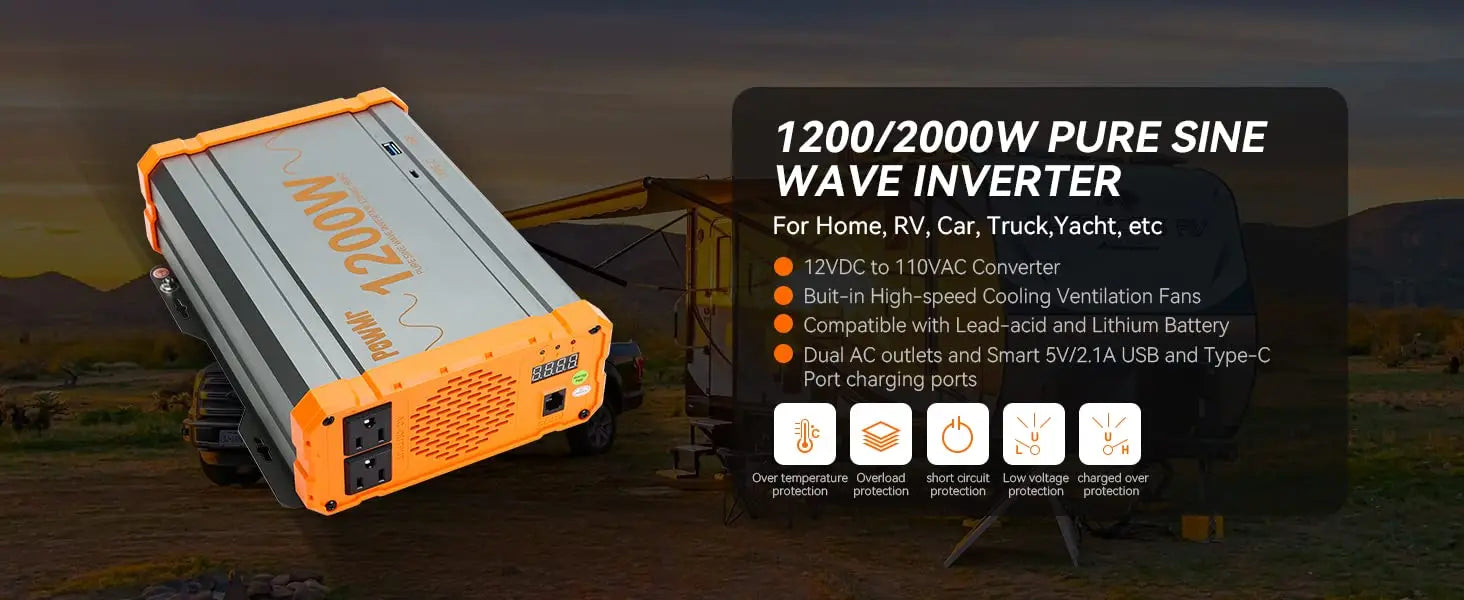 1200W 2000W Pure Sine Wave Solar Inverter, Pure Sine Wave Inverter: 12VDC to 110V/220VAC converter with cooling fans, dual AC outlets, and smart charging ports.