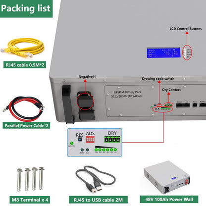 Pacco batteria Powerwall 48V 200AH 10KW LiFePO4 - 6000+ cicli con RS485 CAN COM Max 16 paralleli per inverter solare off/on-grid