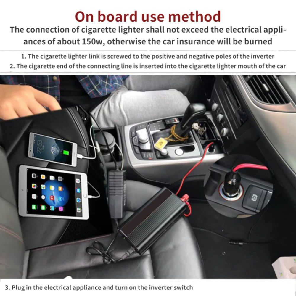 Pure Sine Wave Inverter, Car charger: screw inverter poles to cigarette lighter outlet, turn on switch, and plug in device.