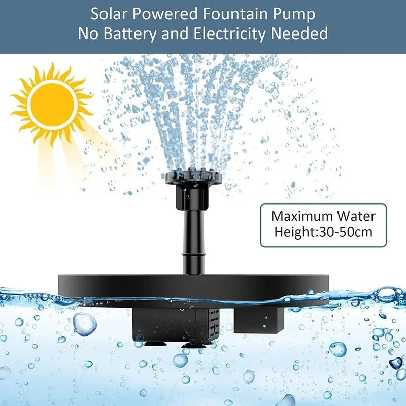 Mini Solar Water Fountain, Water circulation device that requires no batteries or electricity, reaching heights of 30-50 cm.