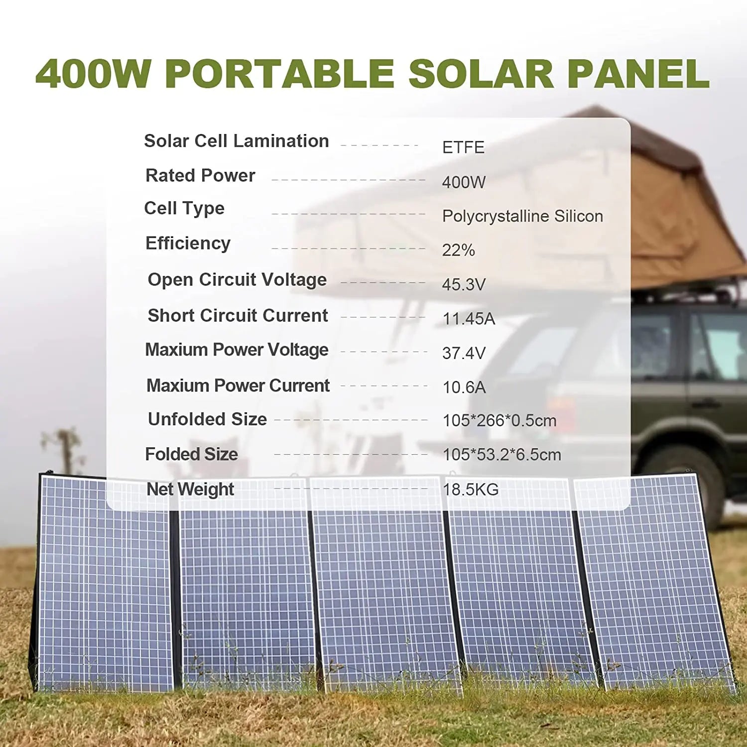 ALLPOWERS Foldable Solar Panel, Compact foldable solar panel with 400W power, 22% efficiency, and adjustable dimensions.