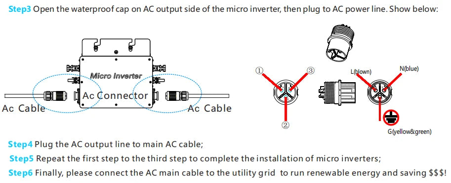 PowMr 400W 600W Micro Inverter, Install PowMr micro inverter by plugging it into an AC power line and connecting yellow-green cables.