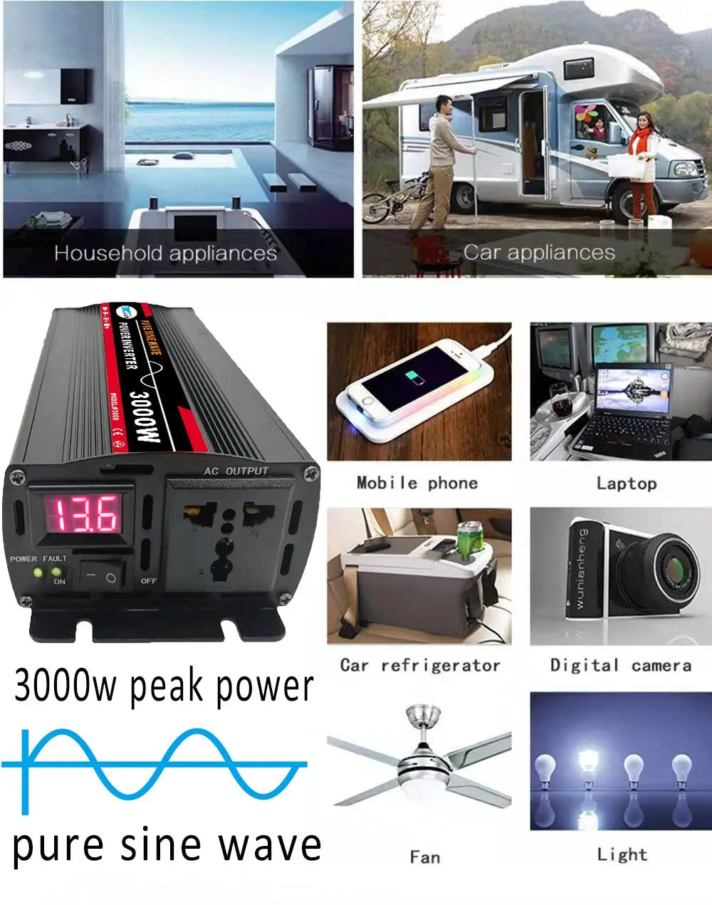 3000W/4000W/6000W Pure Sine Wave inverter, Convert DC power to pure sine wave AC for various devices and appliances.