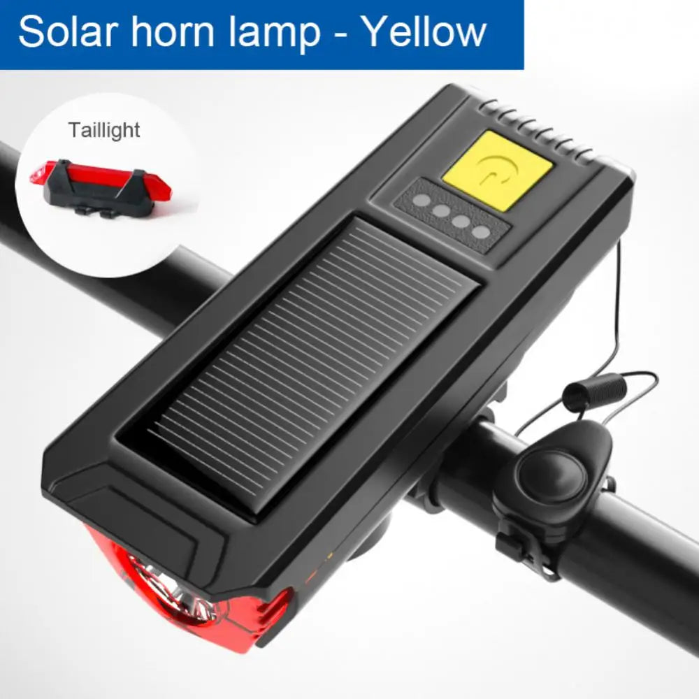 Multifunctional Solar Bicycle Light, Yellow solar-powered horn lamp with built-in taillight for improved visibility.