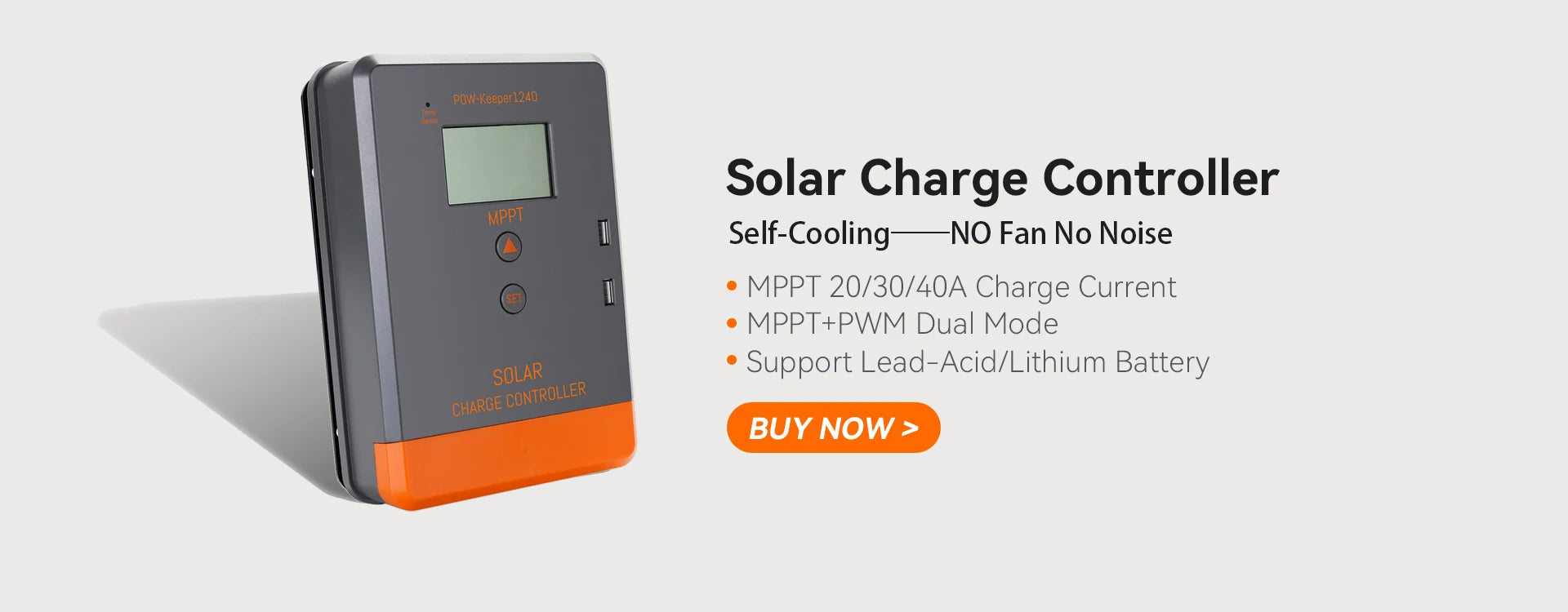 PowMr Solar Charge Controller, Solar charge controller with self-cooling, suitable for 12V/24V lead-acid/lithium batteries, supporting up to 20/30/40A charge currents.