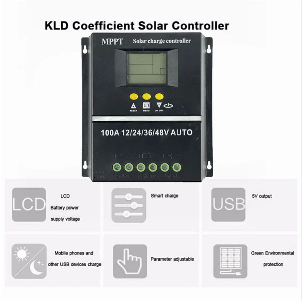100A/80A MPPT/PWM Solar Charge Controller, Solar charge controller with LCD display, adjusts voltage, charges USB devices.