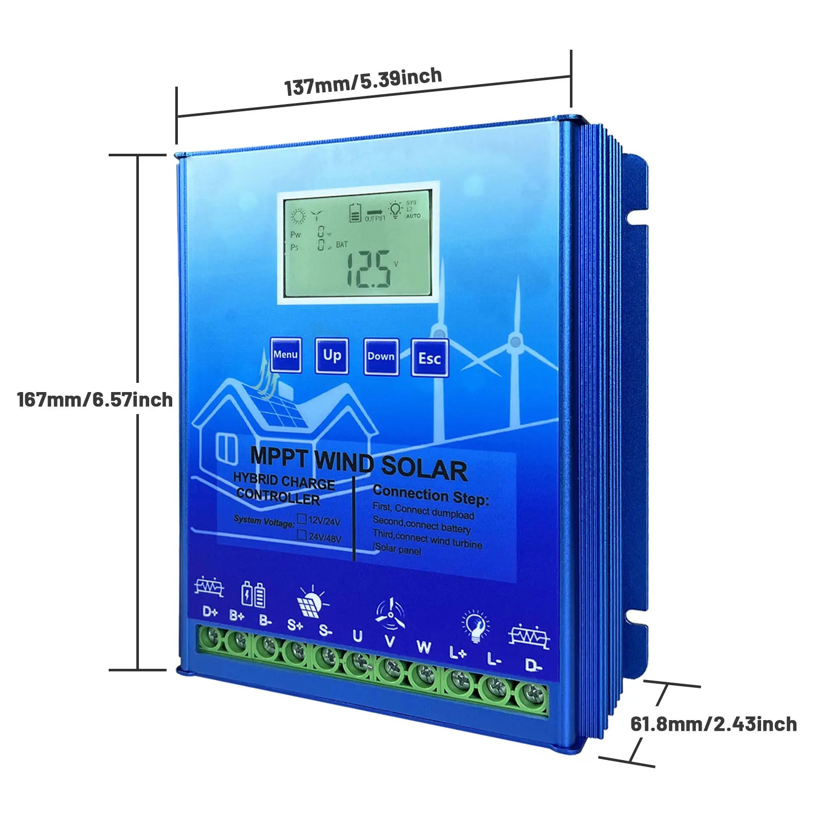 3000W MPPT Hybrid Solar Wind Charge Controller, Hybrid Solar Wind Charge Controller for 12V, 24V, or 48V systems with Wi-Fi connectivity.