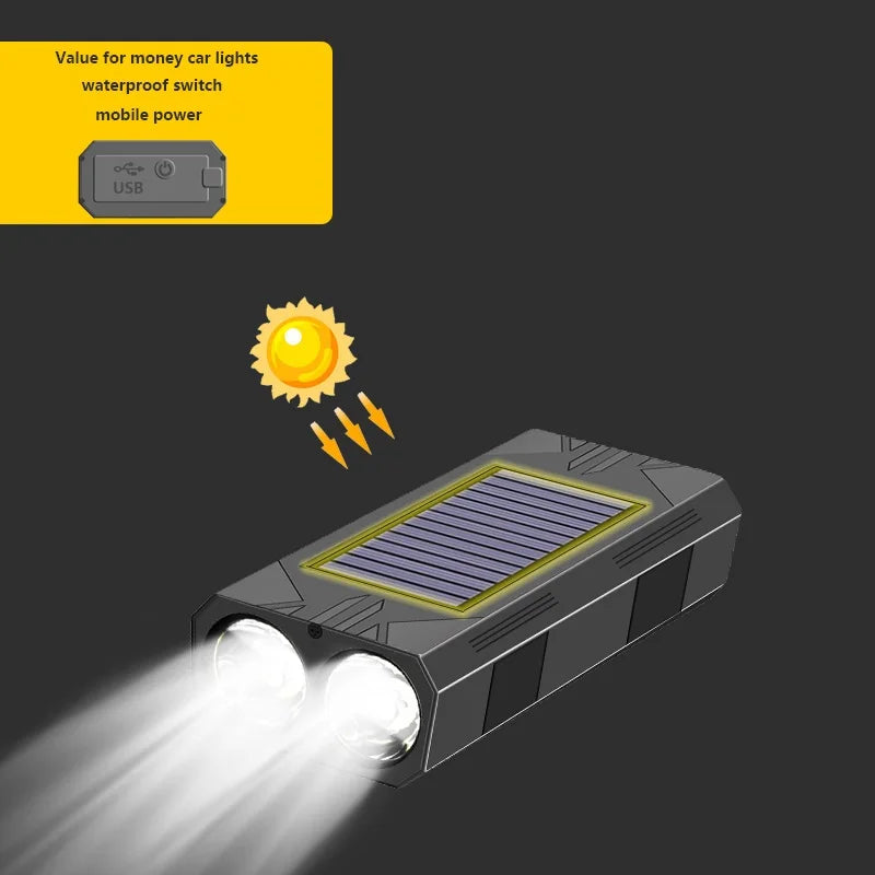 1200mAh MTB Solar Bike Light, Affordable bike light with waterproof design, adjustable switch, and USB charging for convenient use.