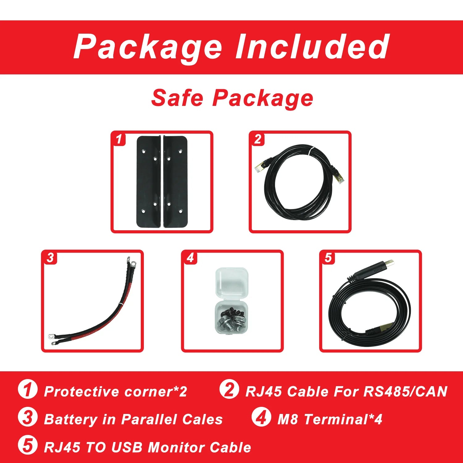 48V 100Ah 200Ah Lifepo4 Battery, Industrial package with protective corners, RJ45 cable, and M8 terminals for RS485/CAN comms and USB battery monitoring.
