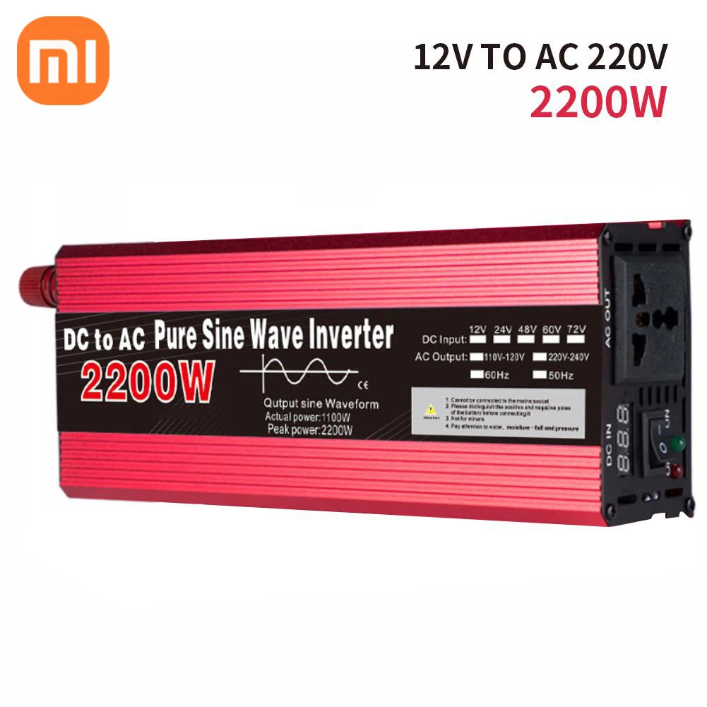 XIAOMI Inverter, Pure Sine Wave Inverter: Converts DC power to AC output, max 2200W, adjustable frequency.