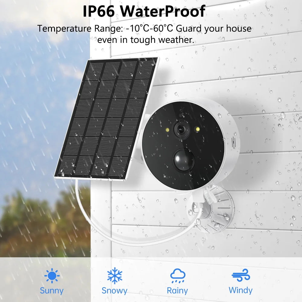 Wireless Solar Camera, Waterproof IP66 camera withstands extreme temps -10°C to 60°C, ideal for outdoor video surveillance.