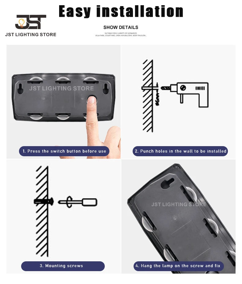 Solar LED Wall Light, Easy to install with mounting screws and no drilling required; simply hang and press the switch.