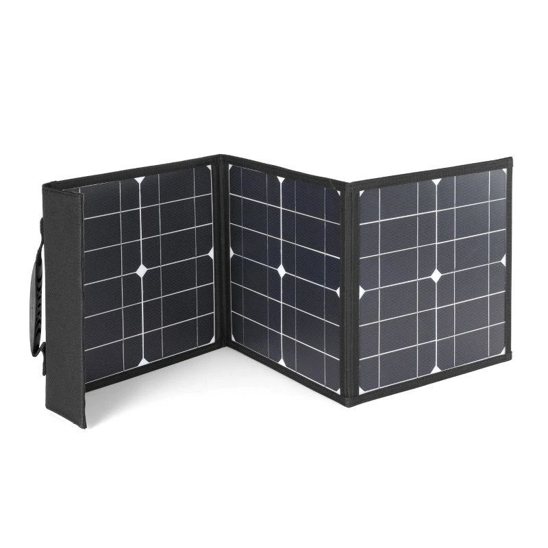 Portable solar power source for outdoor adventures: foldable, 100W, 18V DC, USB charging.