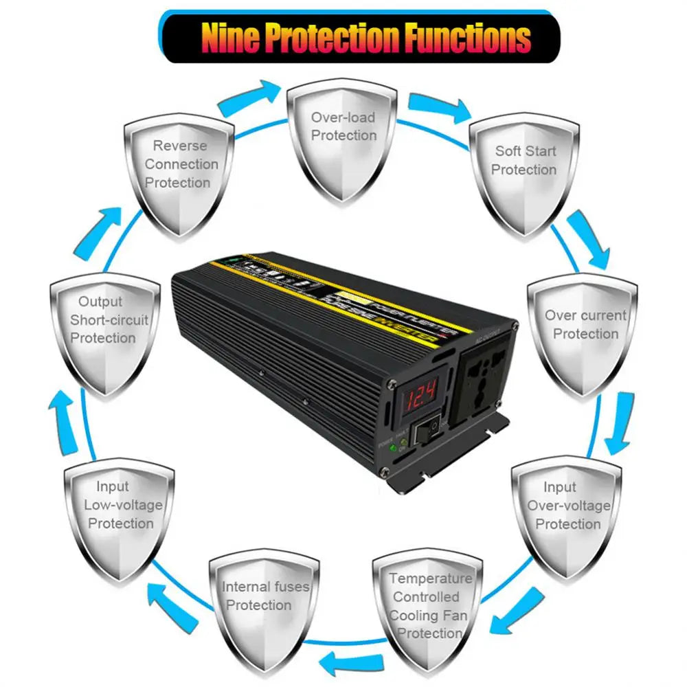 Pure Sine Wave Inverter, Advanced safety features: 9 protection functions ensure safe and reliable inverter operation.