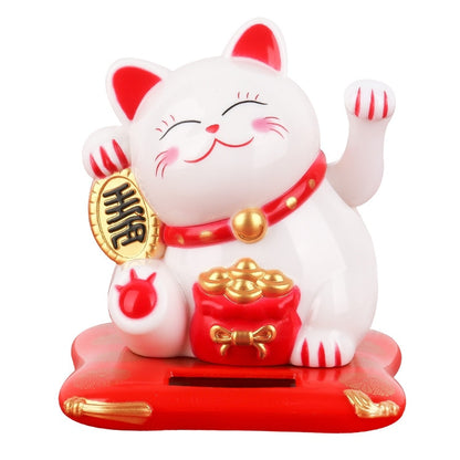 Solar Powered Maneki Neko Lucky Cat - Welcoming Chinese Lucky Cat Waving Hand Beckoning Fortune Cat Figurines For Home Decor