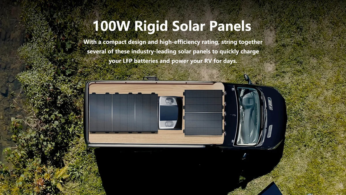 EcoFlow 2PCS 100W Rigid Solar Panel, Rugged solar panels for charging batteries and powering RVs; string multiple units together for mobile power.