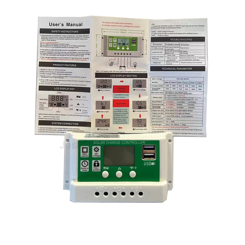 PWM 12V24V 10A20A30A Solar Charge Controller, Solar charge controller for PV panels, regulating voltage and current, with dual USB outputs.