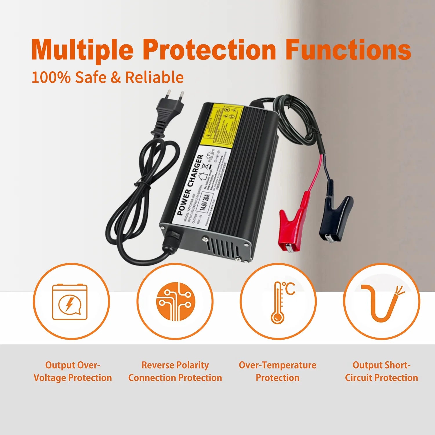 New 4S 14.6V 20A LiFePO4 Charger, Multiple protection functions ensure safe and reliable charging of LiFePO4 battery packs.